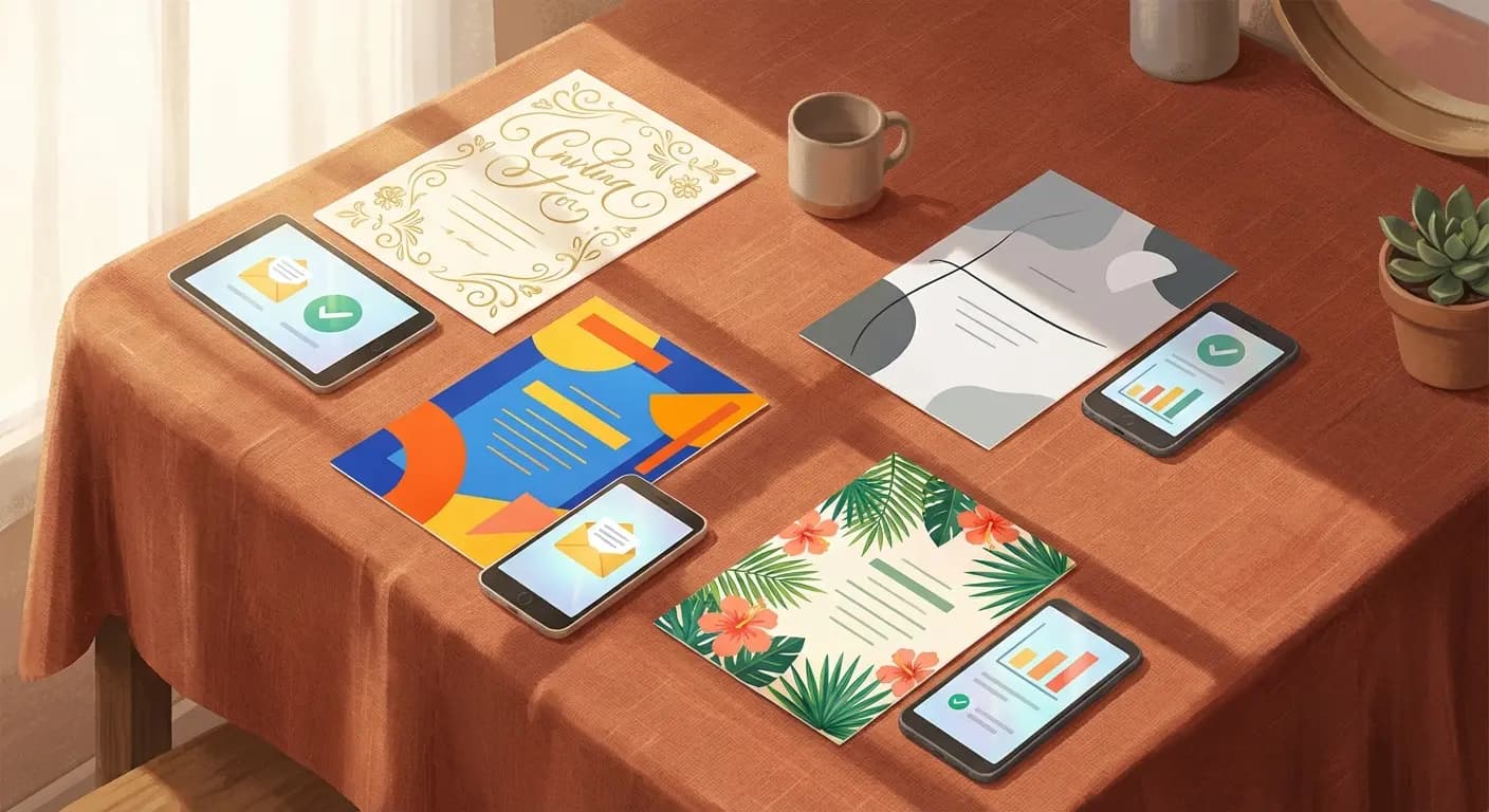 A collection of digital invitations created on different platforms, showing various design styles and delivery methods