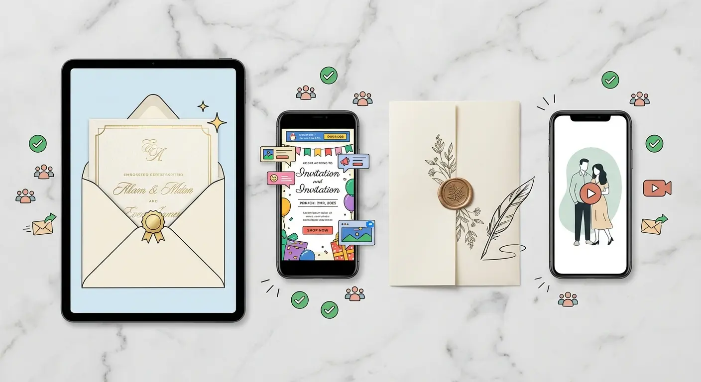 A side-by-side comparison of digital invitation platforms showing design quality, delivery options, and RSVP features