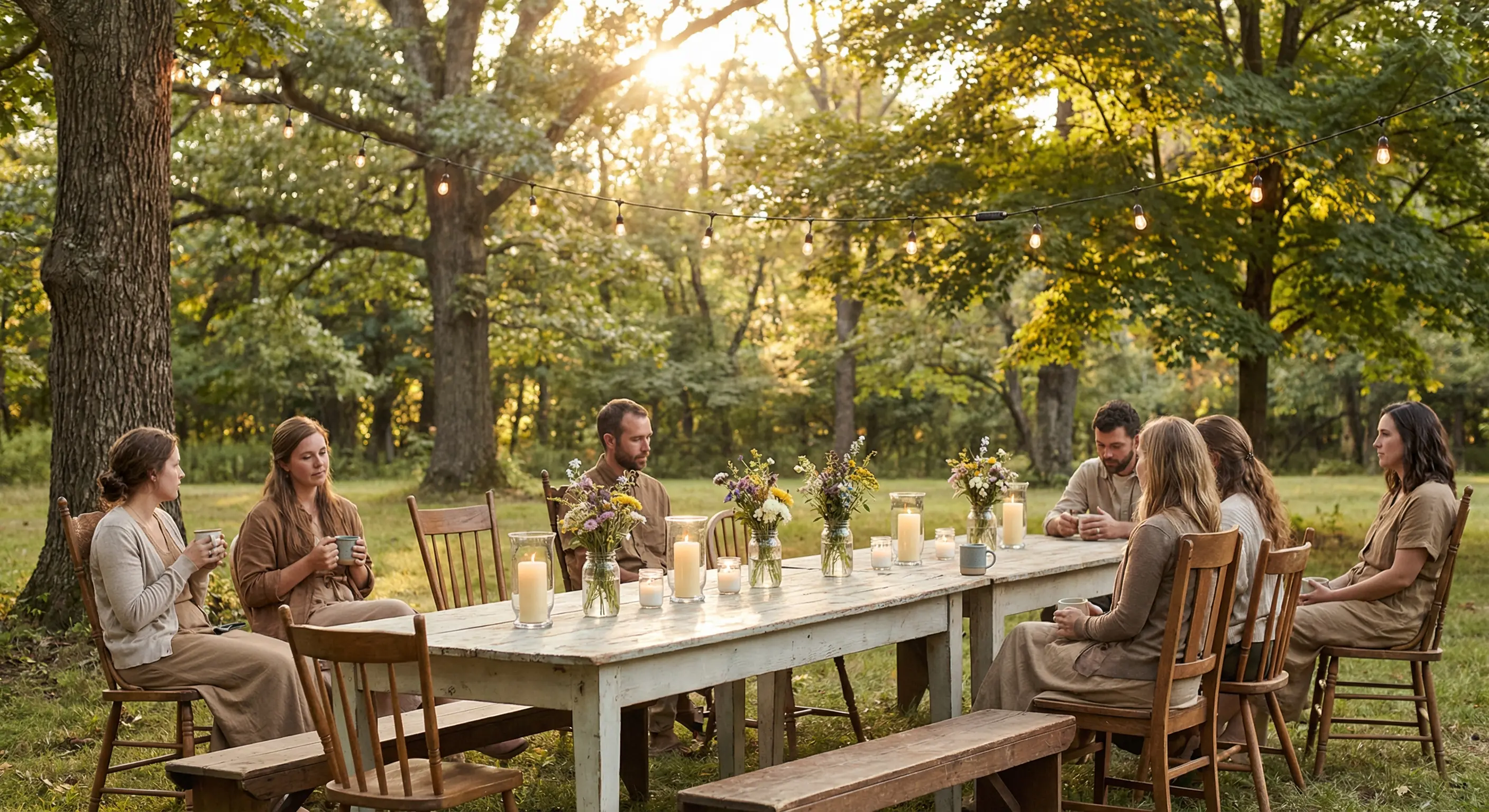 A serene outdoor gathering space with soft string lights, candles on a wooden table, wildflowers in mason jars, and golden afternoon light filtering through trees