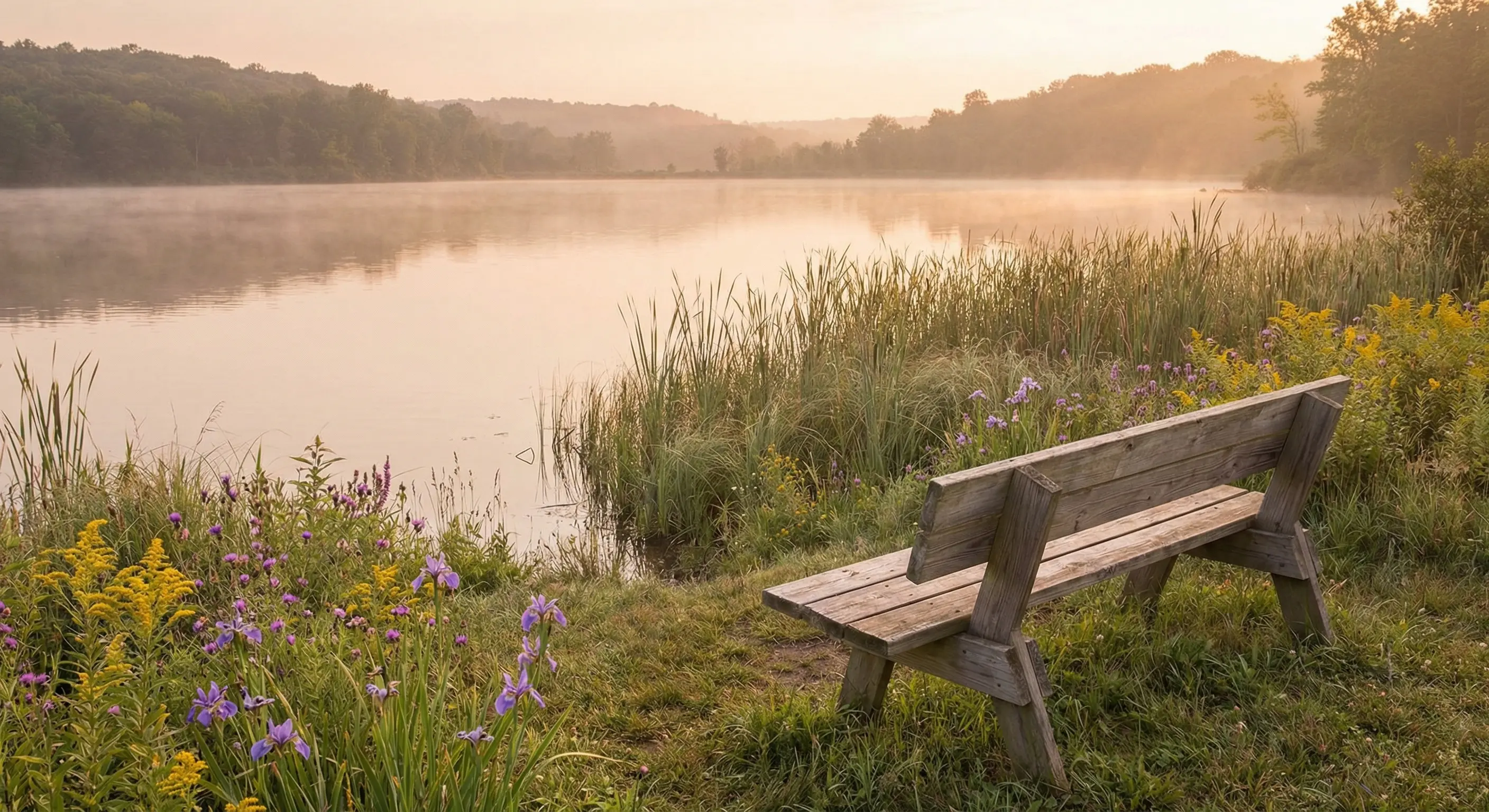 A peaceful lakeside scene at golden hour with scattered wildflowers, a wooden bench, and soft natural light reflecting on calm water