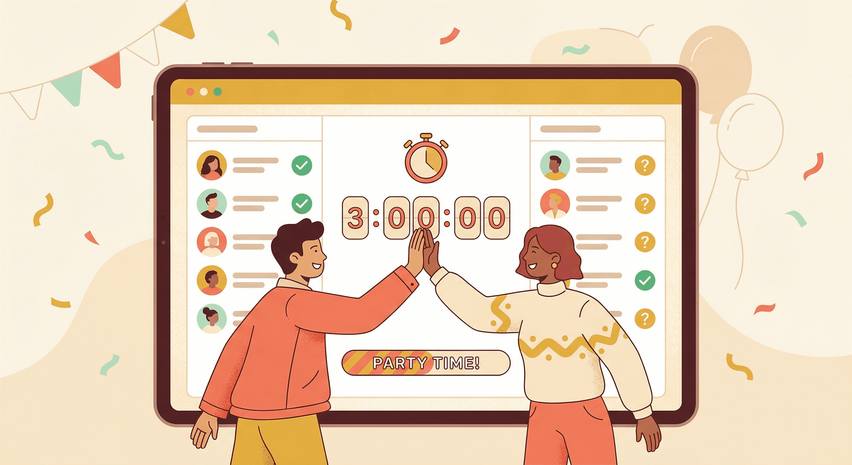 Two friends collaborating on event planning, high-fiving in front of a digital event dashboard showing guest RSVPs and a countdown timer.