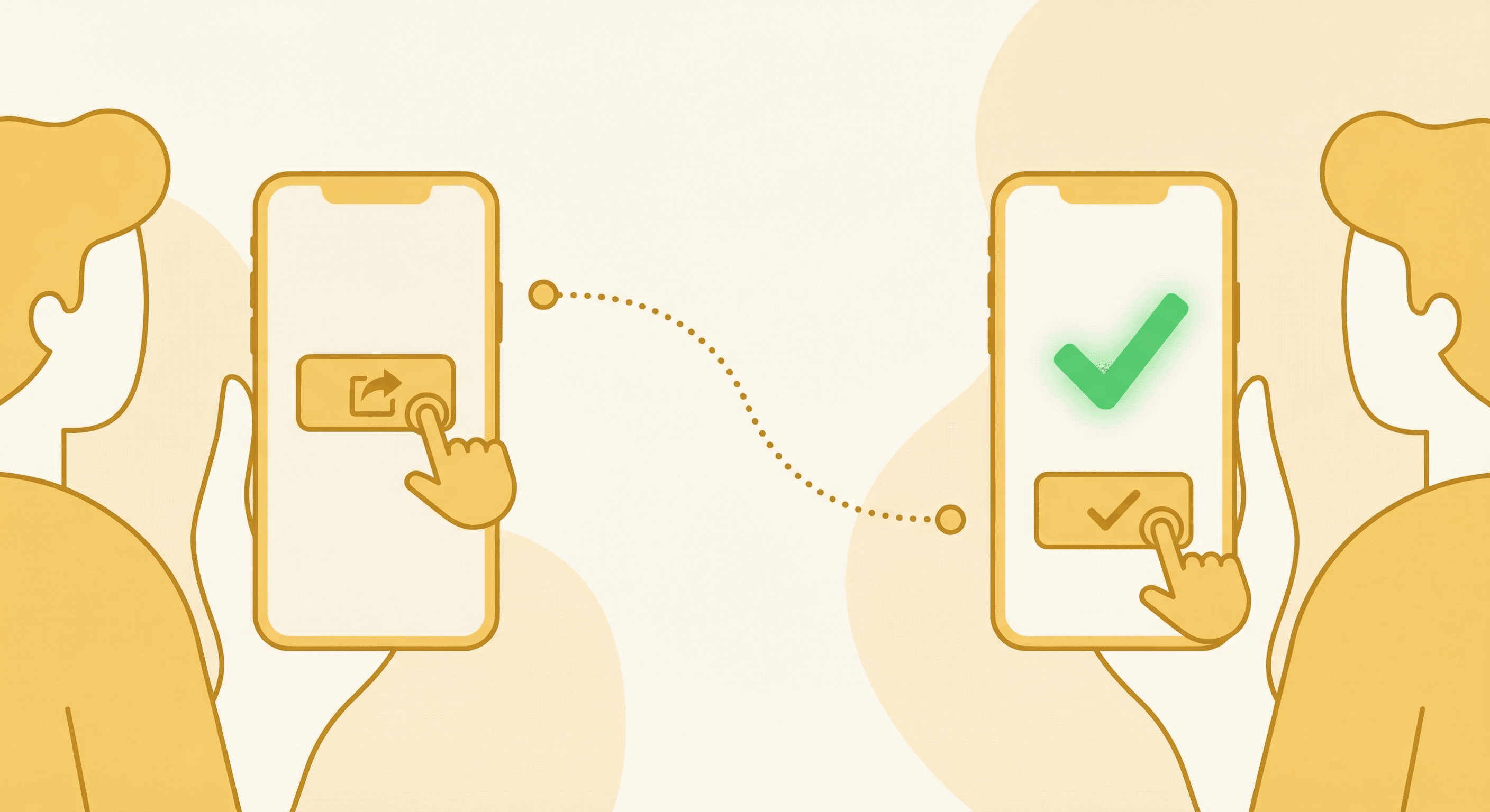 A smartphone sharing an invite link to another phone, which taps Accept with a green checkmark — connected by a curved dotted line.