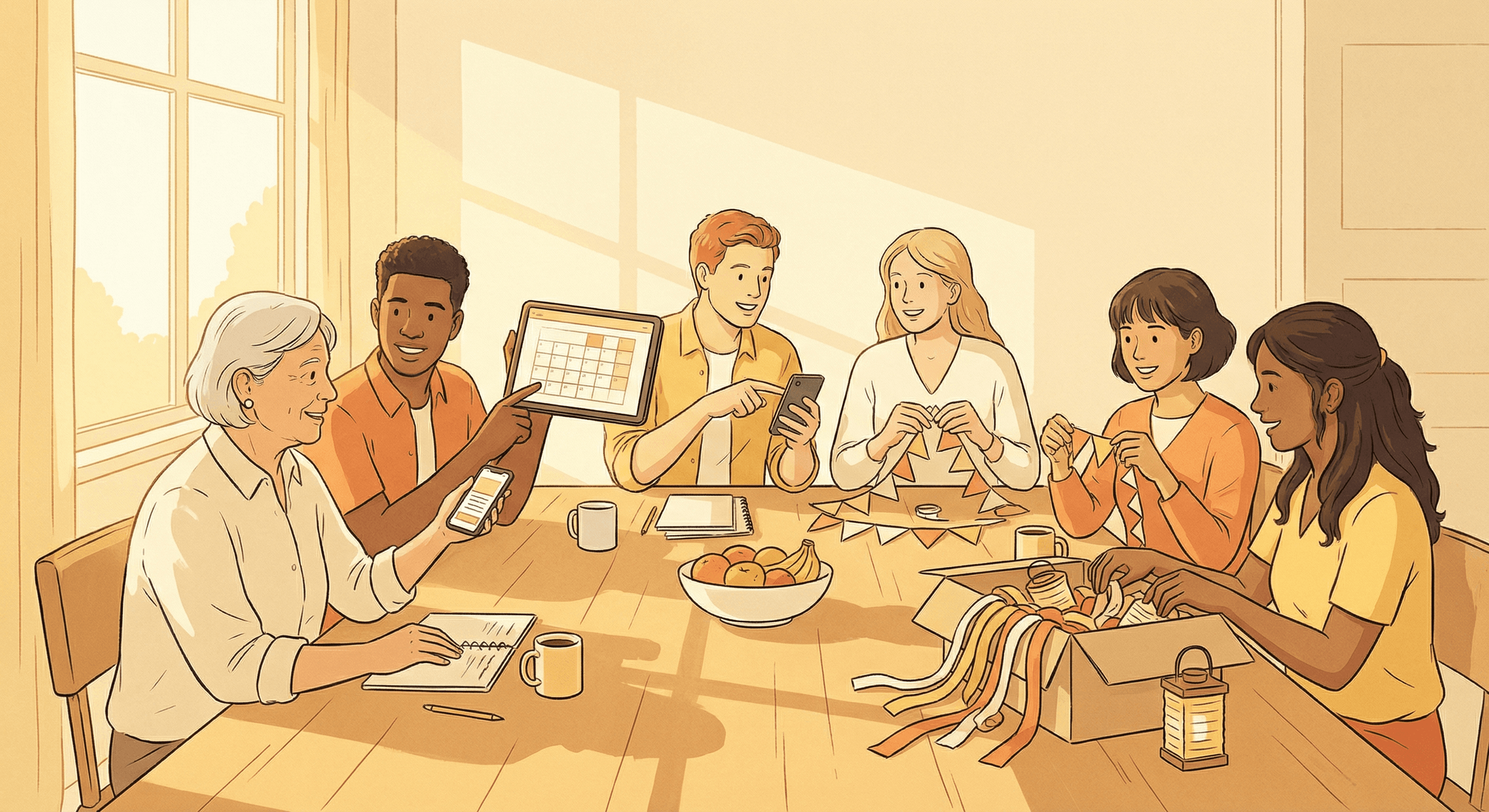 A group of friends gathered around a table planning an event together, looking at tablets and arranging decorations in warm golden lighting.