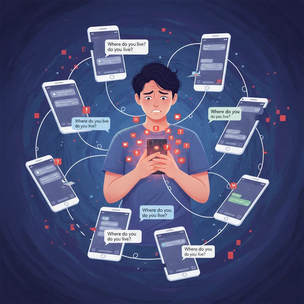 Chaotic collage of messaging apps and a frustrated user