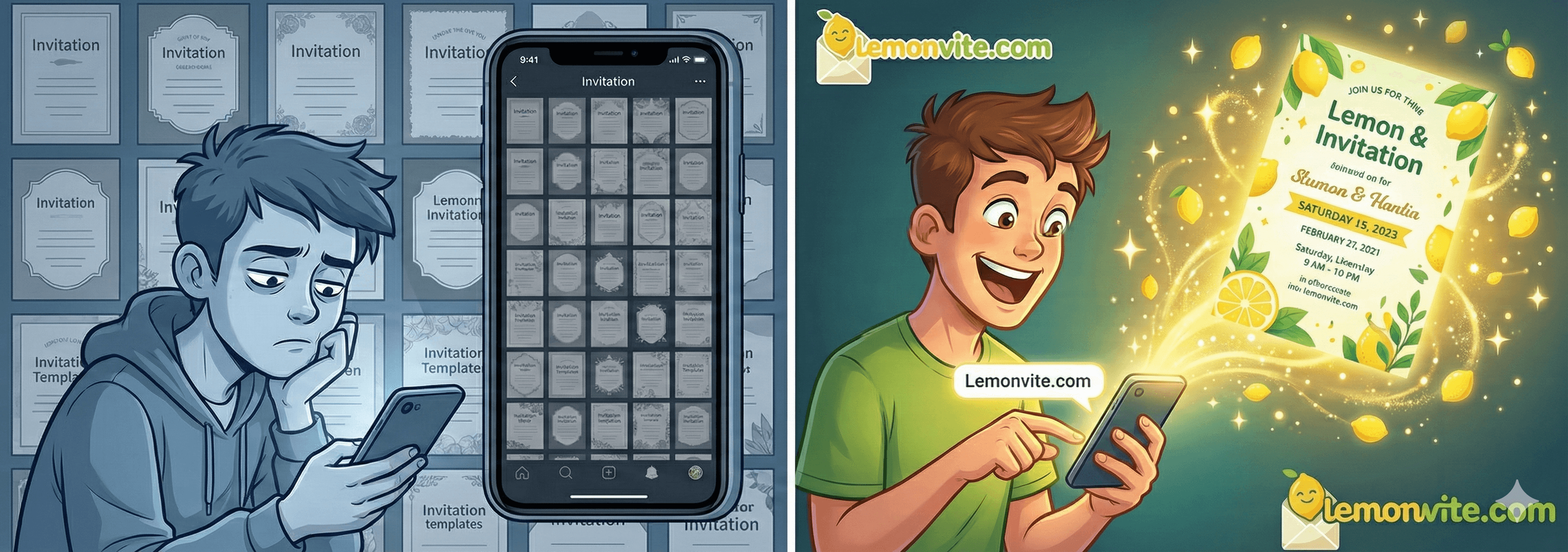 A side-by-side comparison. Left: A user scrolling endlessly through a grid of generic templates on a phone screen, looking bored. Right: A user typing a prompt into Lemonvite and seeing a magical burst of light form a perfect, unique invitation.