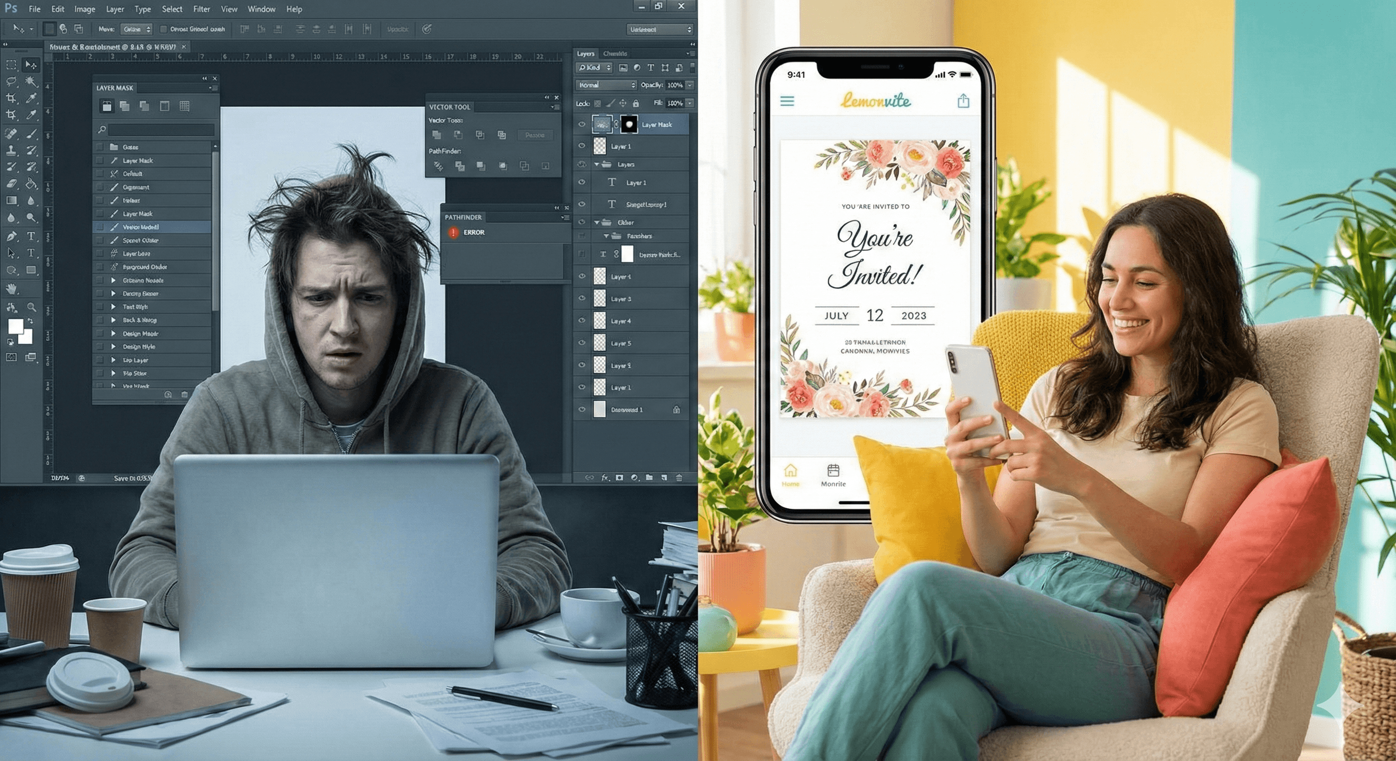 A split-screen comparison. On the left, a stressed person is hunched over a laptop with complex design software, looking confused by layers and tools. On the right, a relaxed person holds a phone showing a beautiful, finished invitation on the Lemonvite app, smiling. Bright, cheerful colors.