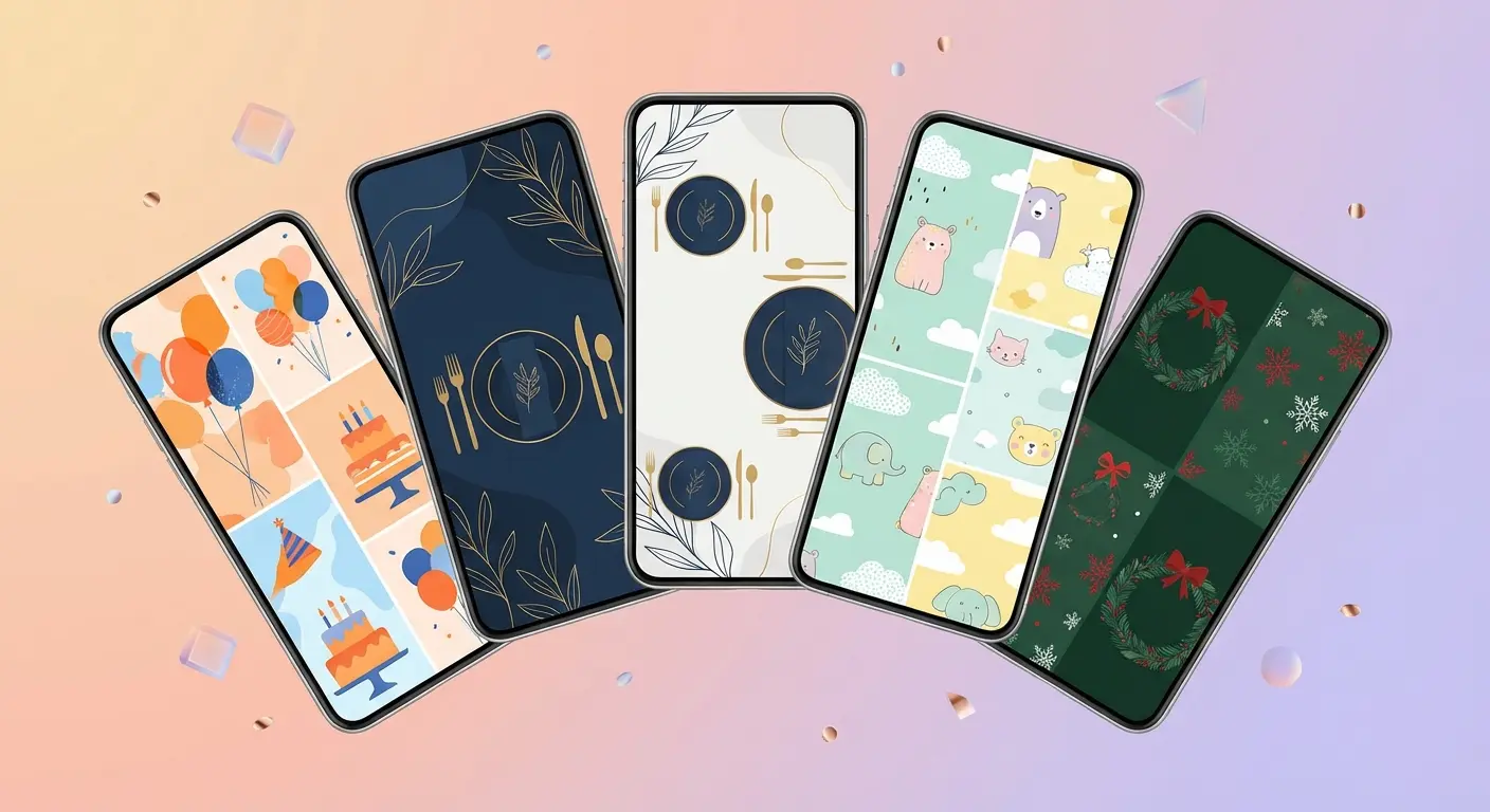 A collection of beautifully designed digital invitations displayed on phone screens