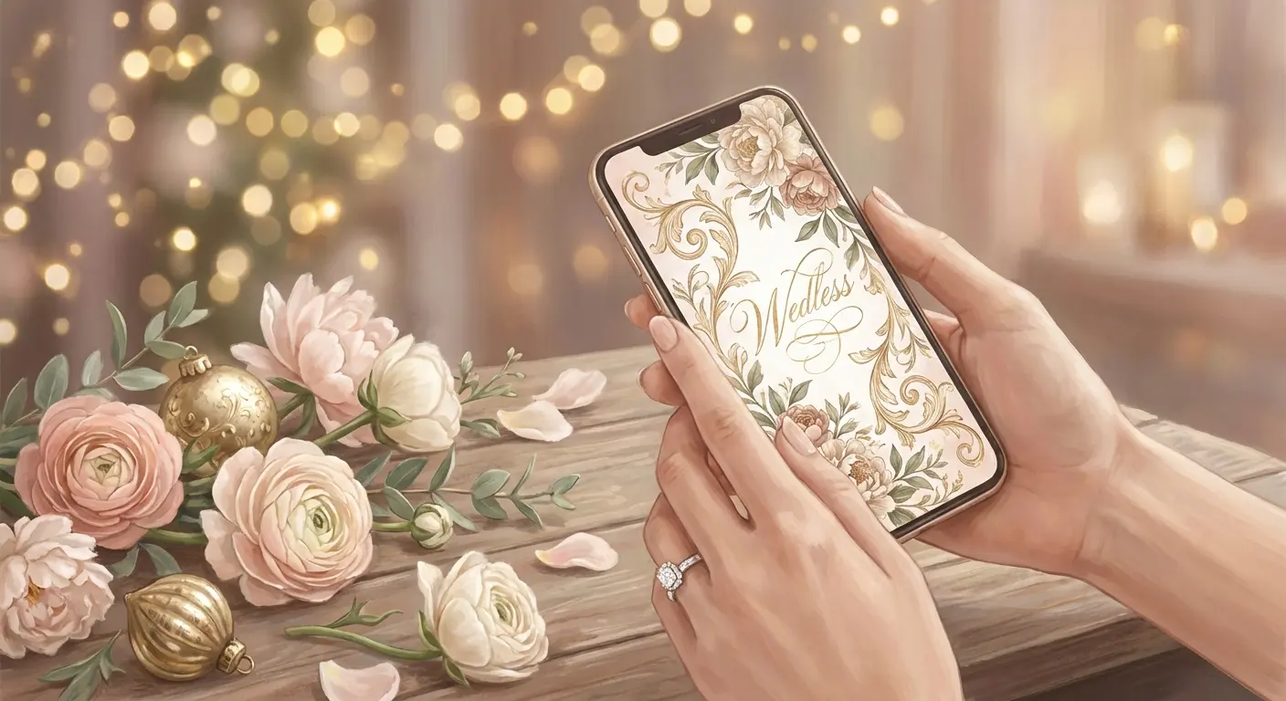 A couple holding a phone showing a beautifully designed digital save-the-date with elegant typography and custom artwork