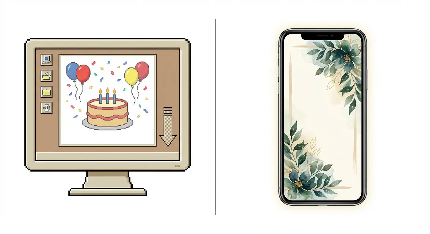 A comparison showing a generic template invitation next to a custom-designed Lemonvite invitation with unique artwork and typography