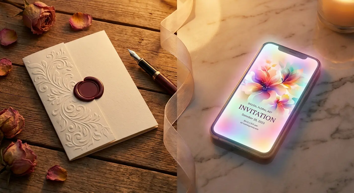 A side-by-side look at a beautifully designed digital invitation on a phone screen and a traditional paper invitation on a table