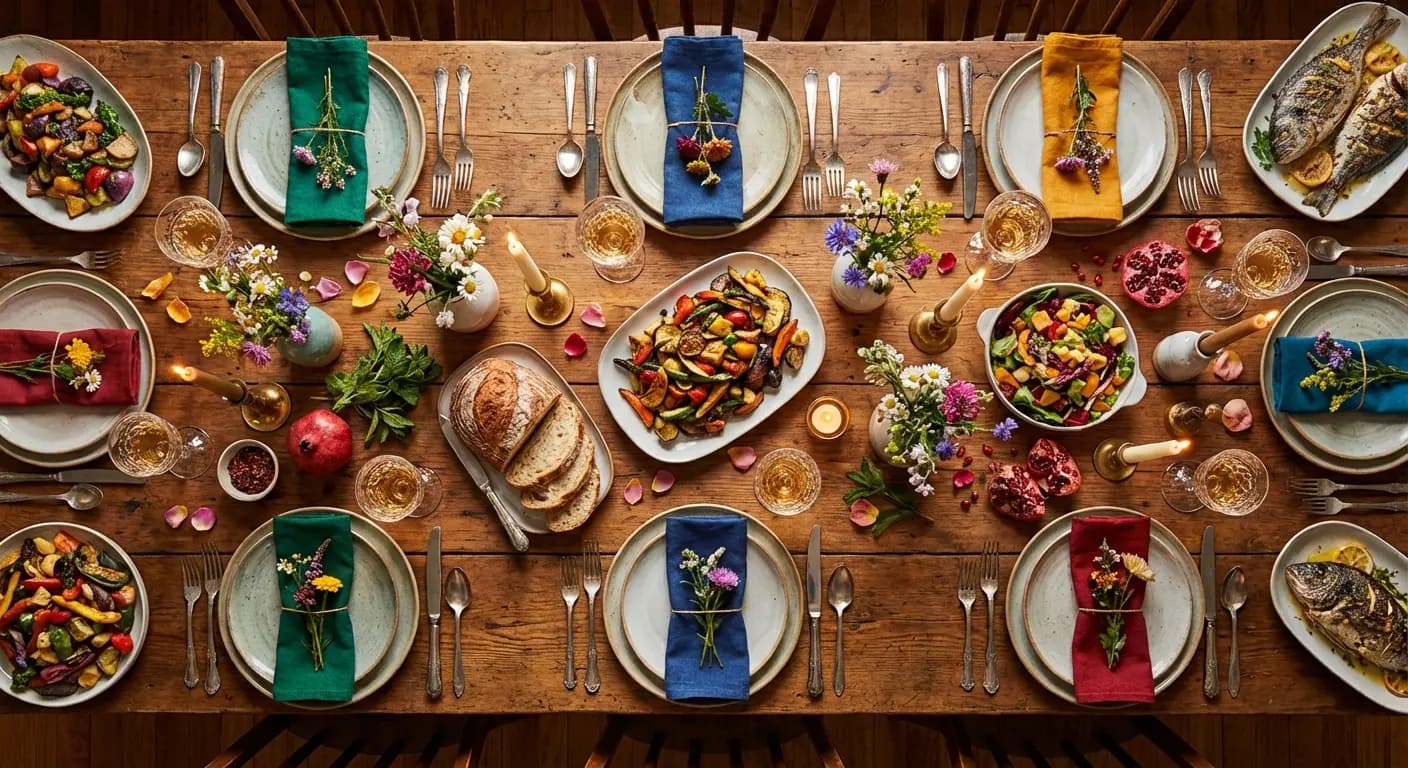 Creative dinner party table with themed decorations and place settings