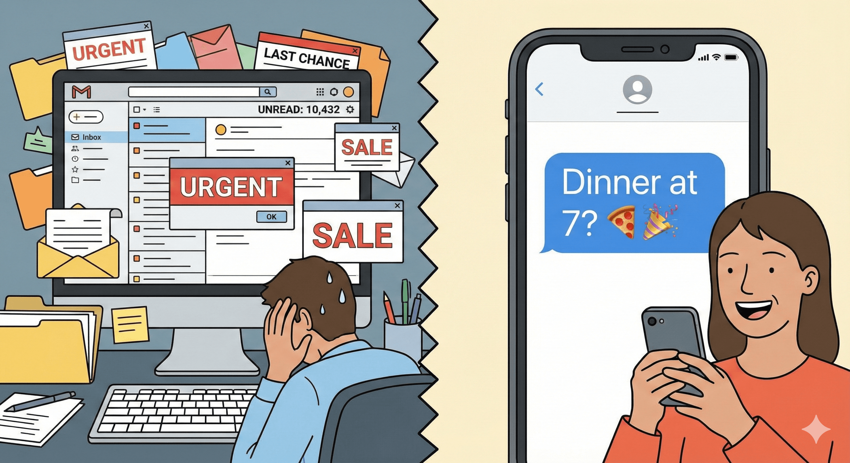 A split screen comparison illustration: on the left, a cluttered email inbox with unread messages; on the right, a clean smartphone screen showing a single, clear text message invitation with a happy user reaction.
