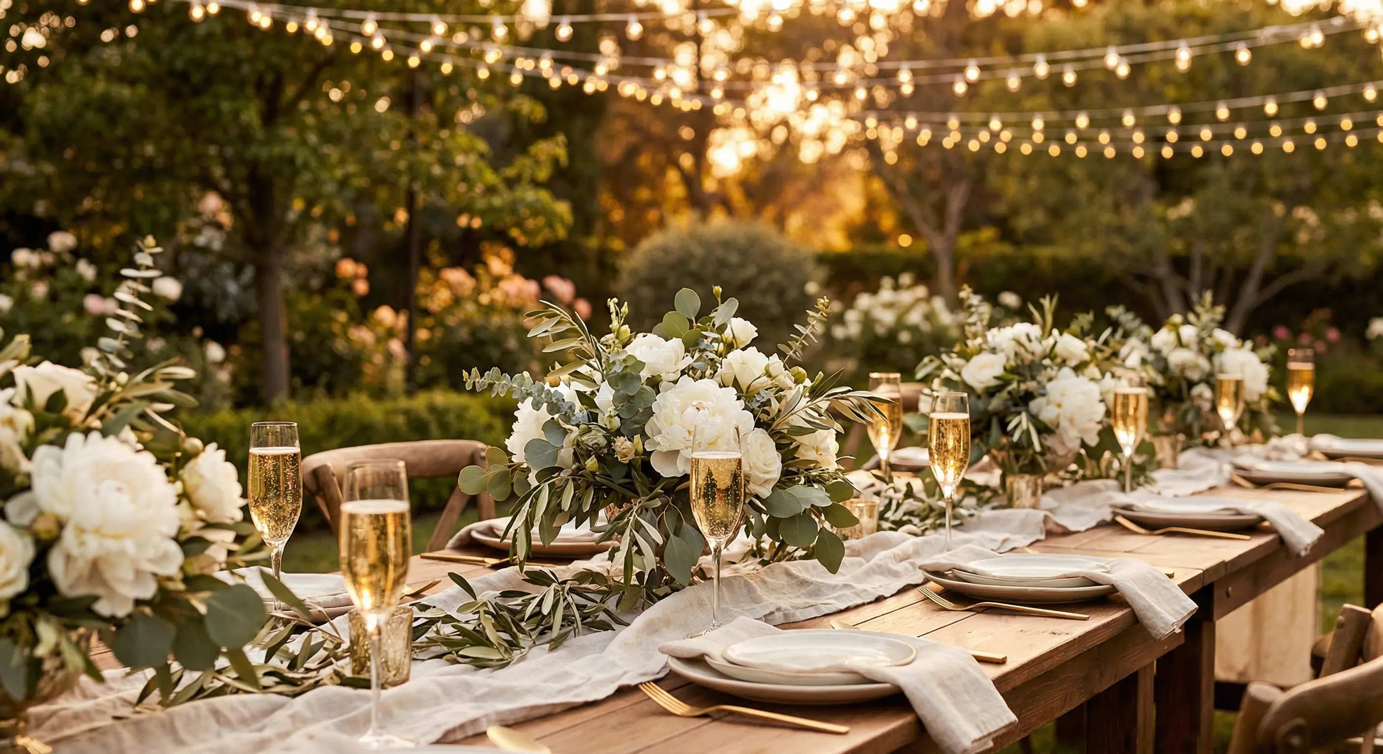 A beautifully set outdoor table at golden hour with string lights overhead, champagne glasses, and a handwritten sign that reads Cheers to the Happy Couple