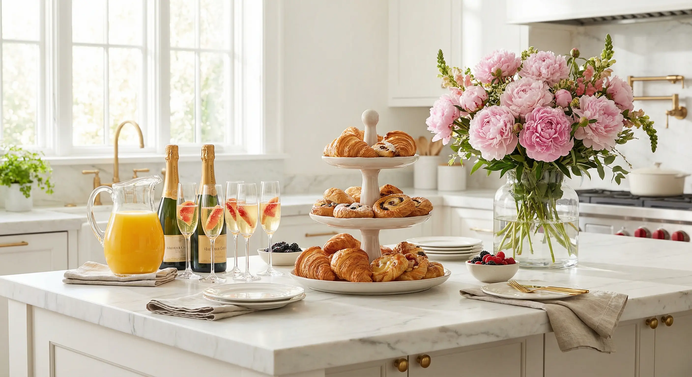 A bright brunch spread on a marble countertop with a mimosa bar, fresh pastries, a vase of peonies, and a framed photo of a smiling couple