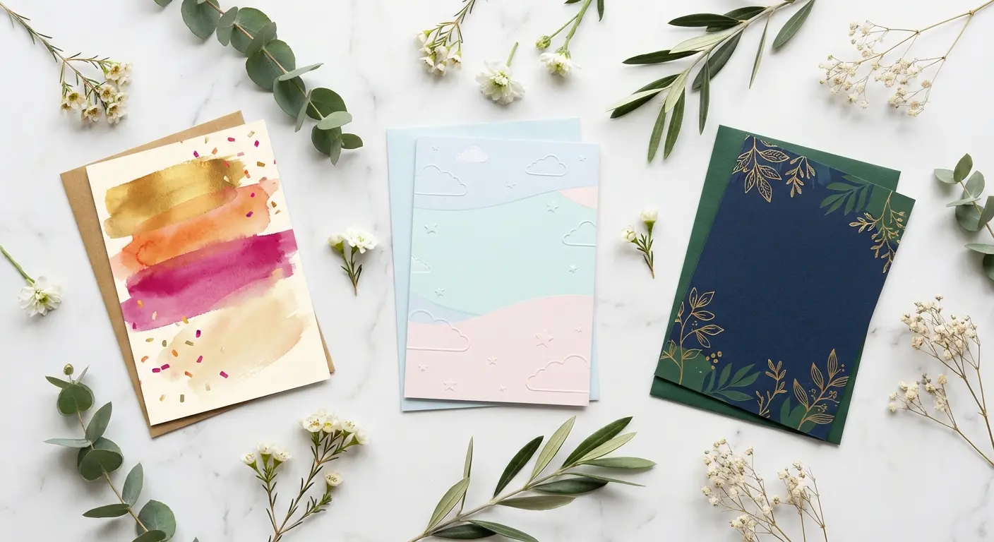 A collage of elegant invitation cards for different events like birthdays, showers, and dinner parties, displayed on a marble surface with flowers