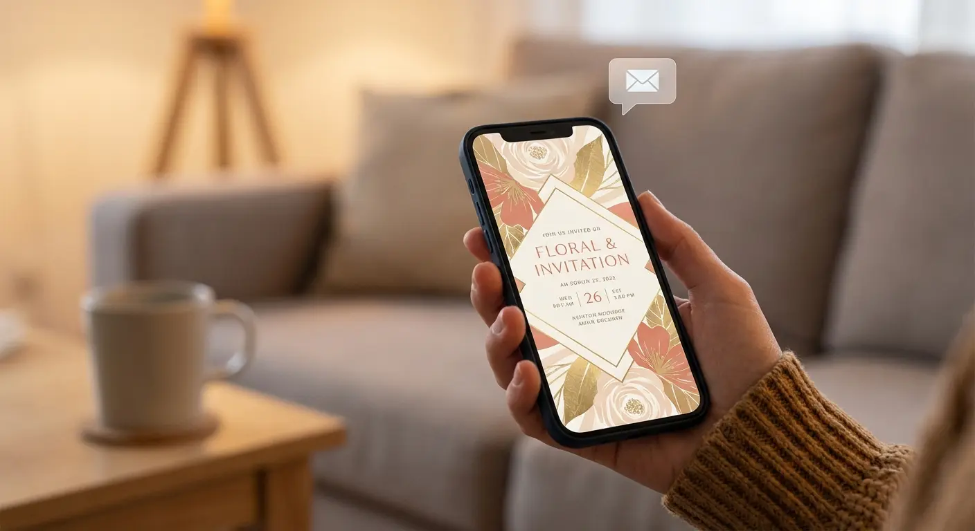 A beautifully designed private event invitation delivered via text message on a phone screen