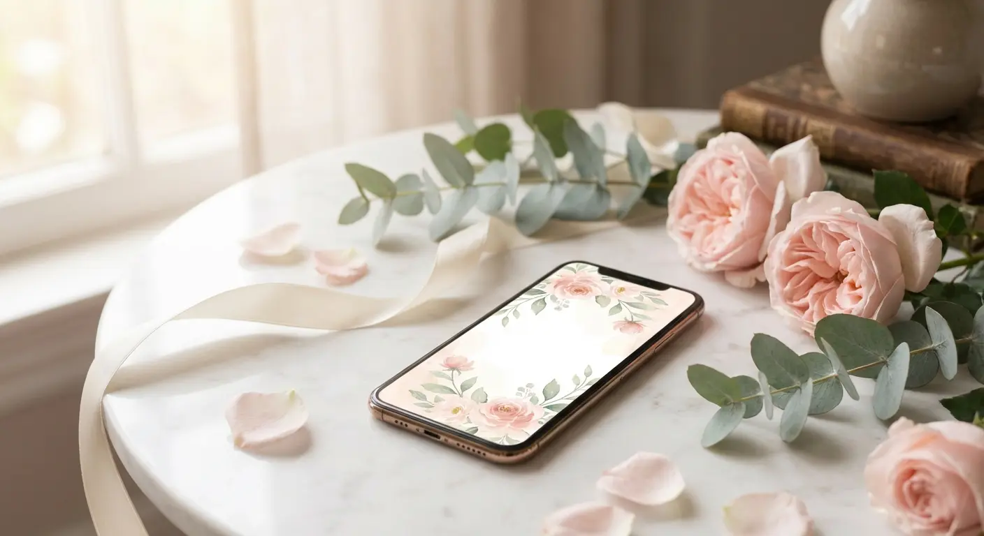 A beautifully designed digital wedding invitation on a smartphone surrounded by flowers and wedding details