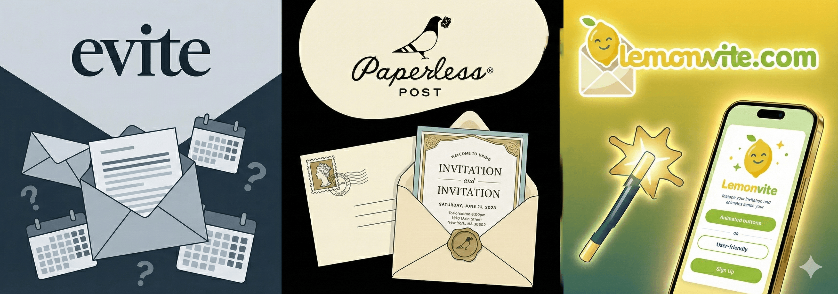 A three-way split comparison illustration. Left: An 'Evite' logo style section with a slightly cluttered look. Middle: A 'Paperless Post' style section with an envelope and stamp. Right: A 'Lemonvite' section featuring a glowing design wand and a clean mobile interface. The Lemonvite section should look the most modern and appealing.