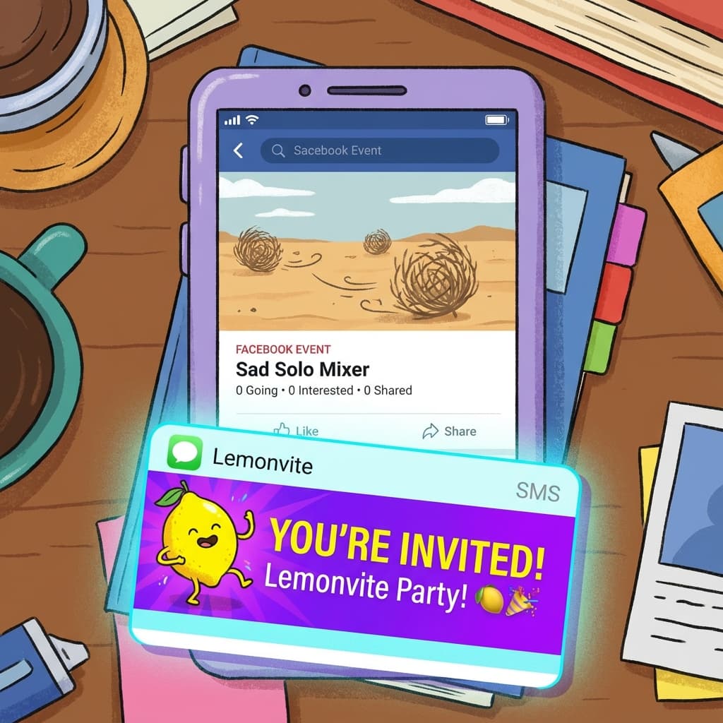 An illustration of a lonely smartphone screen showing a Facebook Event page with zero RSVPs and tumbleweeds blowing across the screen, contrasting with a vibrant Lemonvite SMS notification popping up