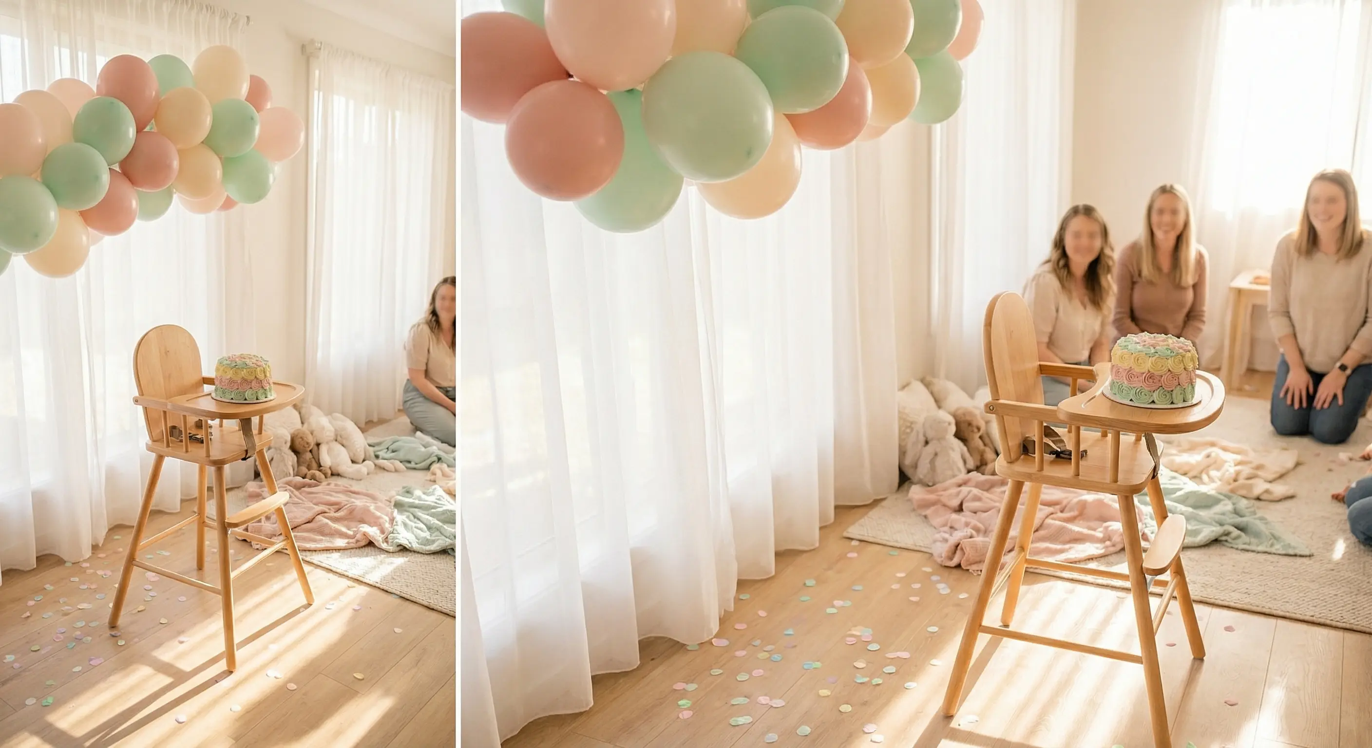 A bright, joyful first birthday party setup with soft pastel balloons, a small smash cake on a highchair tray, and golden afternoon light filling the room