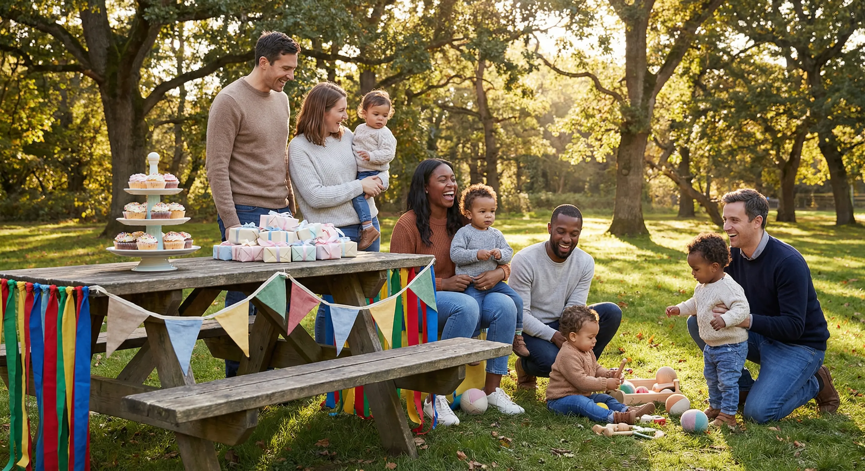 A group of parents and toddlers gathered outdoors around a picnic table with colorful party decorations, cupcakes, and wrapped gifts in warm natural light