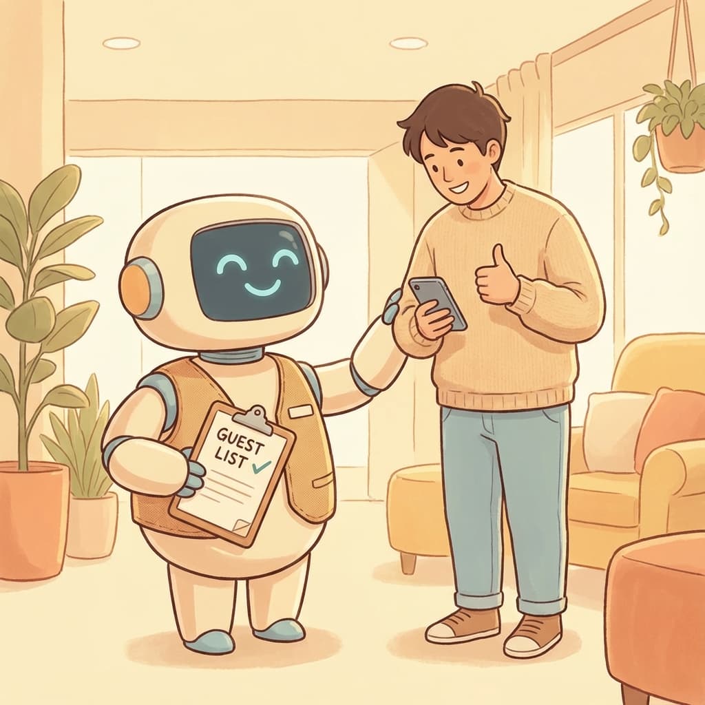 A friendly robot character holding a clipboard labeled 'Guest List' and gently nudging a forgetful guest who is distracted by a smartphone. The guest smiles and gives a thumbs up. Represents automated reminders being helpful, not annoying.