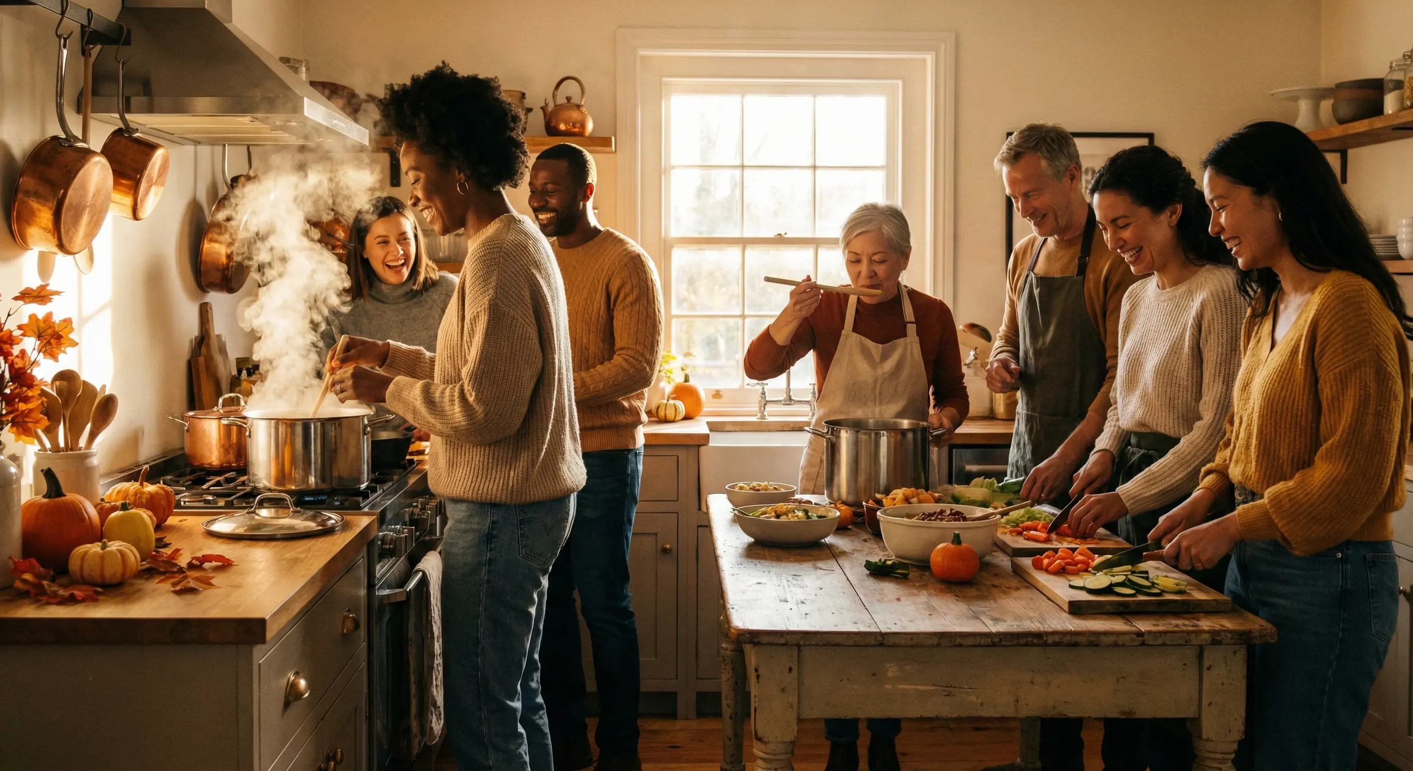 A cozy scene of friends laughing while preparing food together in a warm kitchen, autumn decorations, pumpkins on the counter, golden afternoon light