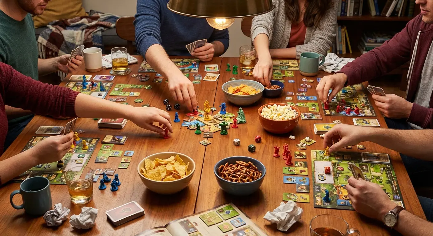 A warm overhead view of a table covered in board games, colorful game pieces, snack bowls, and drinks with friends' hands reaching in