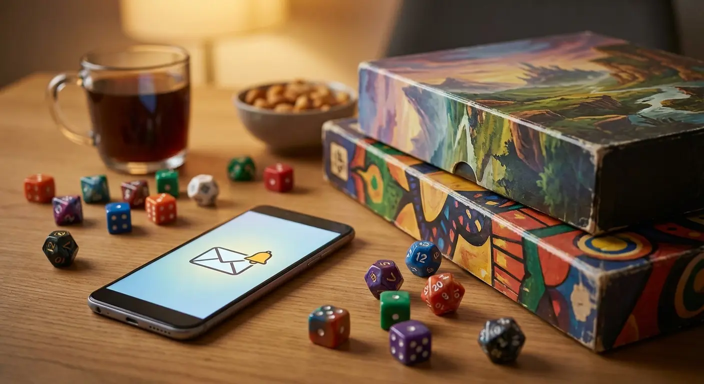 A phone on a table next to board game boxes and colorful dice, showing a notification about a game night invitation