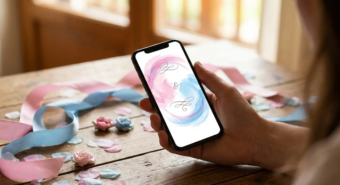 A smartphone displaying a beautiful custom digital invitation with pink and blue watercolor design elements and soft pastel party decorations in the background