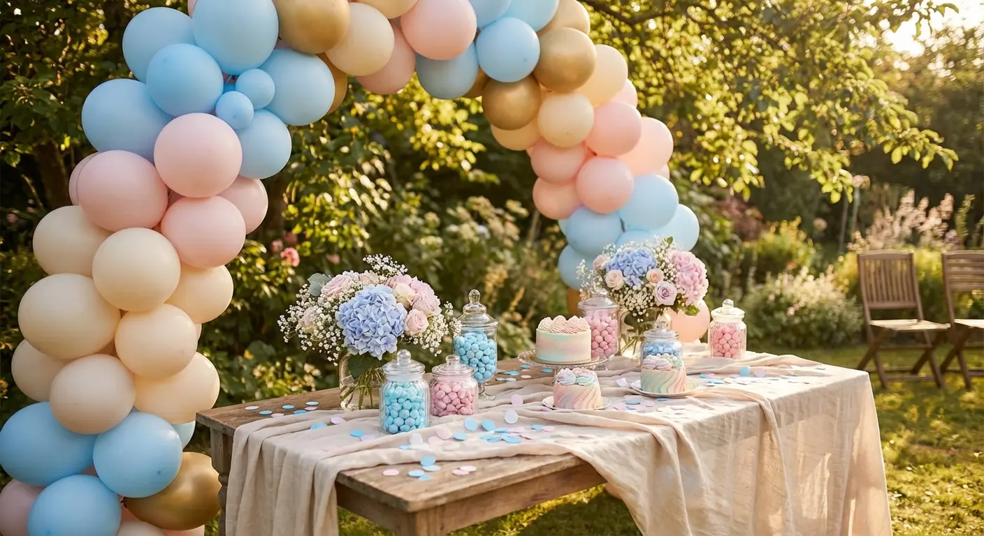 A beautifully decorated gender reveal party setup with pastel blue and pink balloons, confetti, and an elegant table arrangement in an outdoor garden setting
