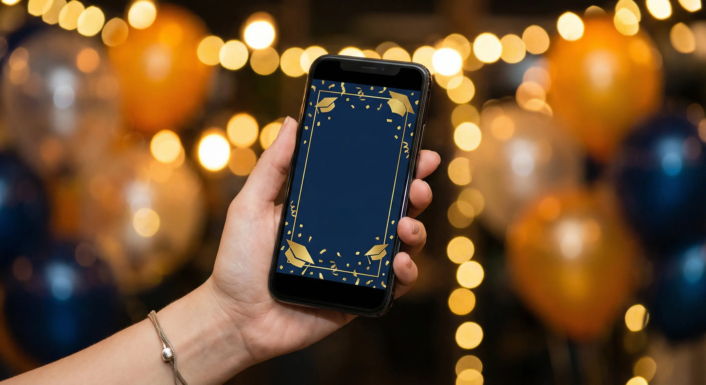 A smartphone displaying a beautifully designed digital graduation invitation in navy blue and gold tones, held in a hand with blurred party decorations and bokeh lights in the background