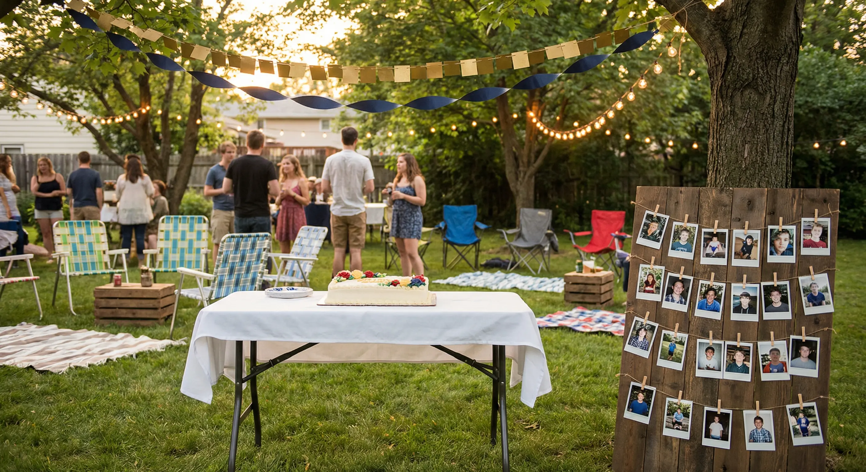 A festive backyard graduation party scene with DIY gold and navy paper garland, fairy lights between trees, a simple cake table, and a polaroid photo display board in warm golden hour light
