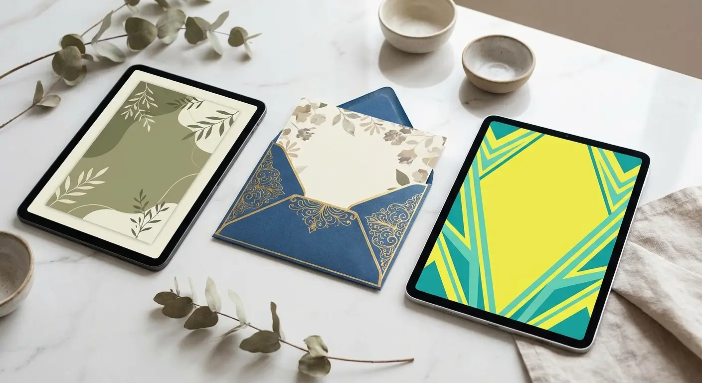 Three digital invitation styles side by side representing Greenvelope, Paperless Post, and Lemonvite