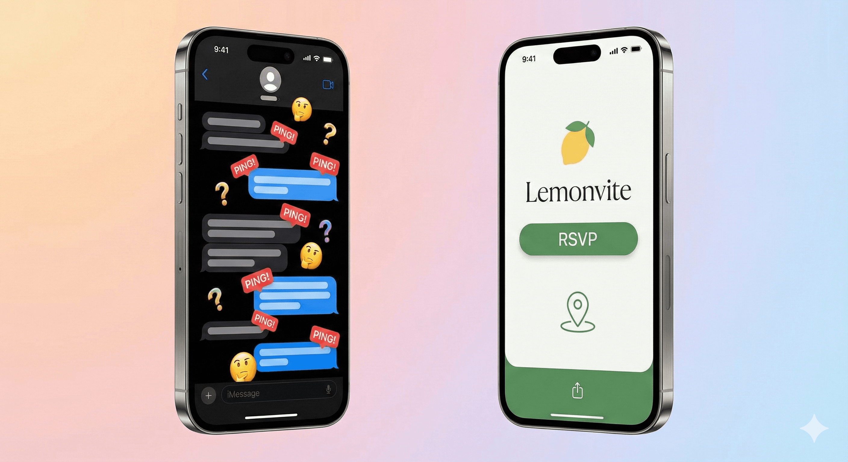 A split composition. Left side: A smartphone screen overwhelmed with chaotic group chat bubbles, confused emojis, and 'ping' notification icons in red. Right side: A clean, serene smartphone screen displaying a stylish Lemonvite digital invitation with a clear 'RSVP' button and a map.