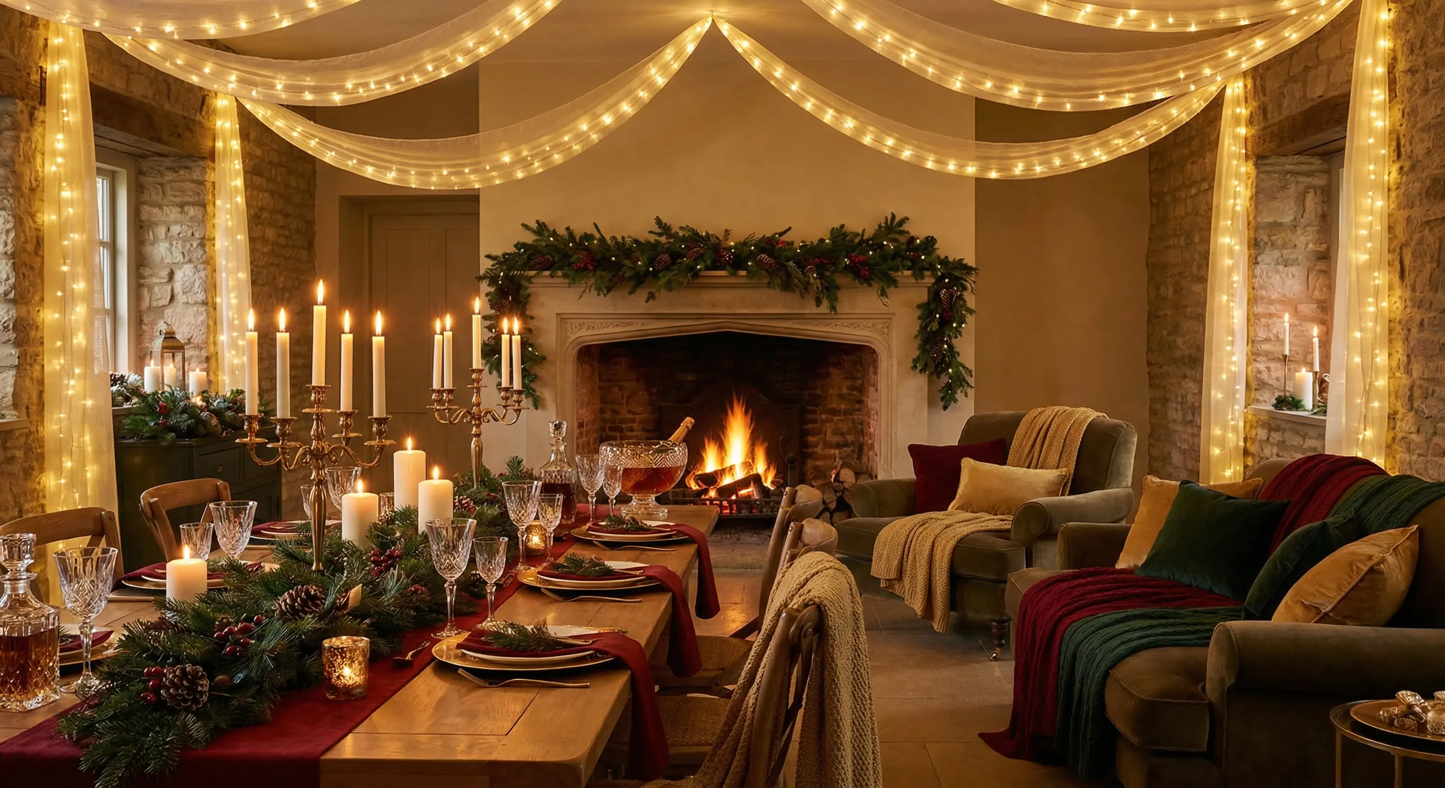 A beautifully decorated living room with warm string lights, a festive holiday table setting, evergreen garlands, and candles casting a golden glow