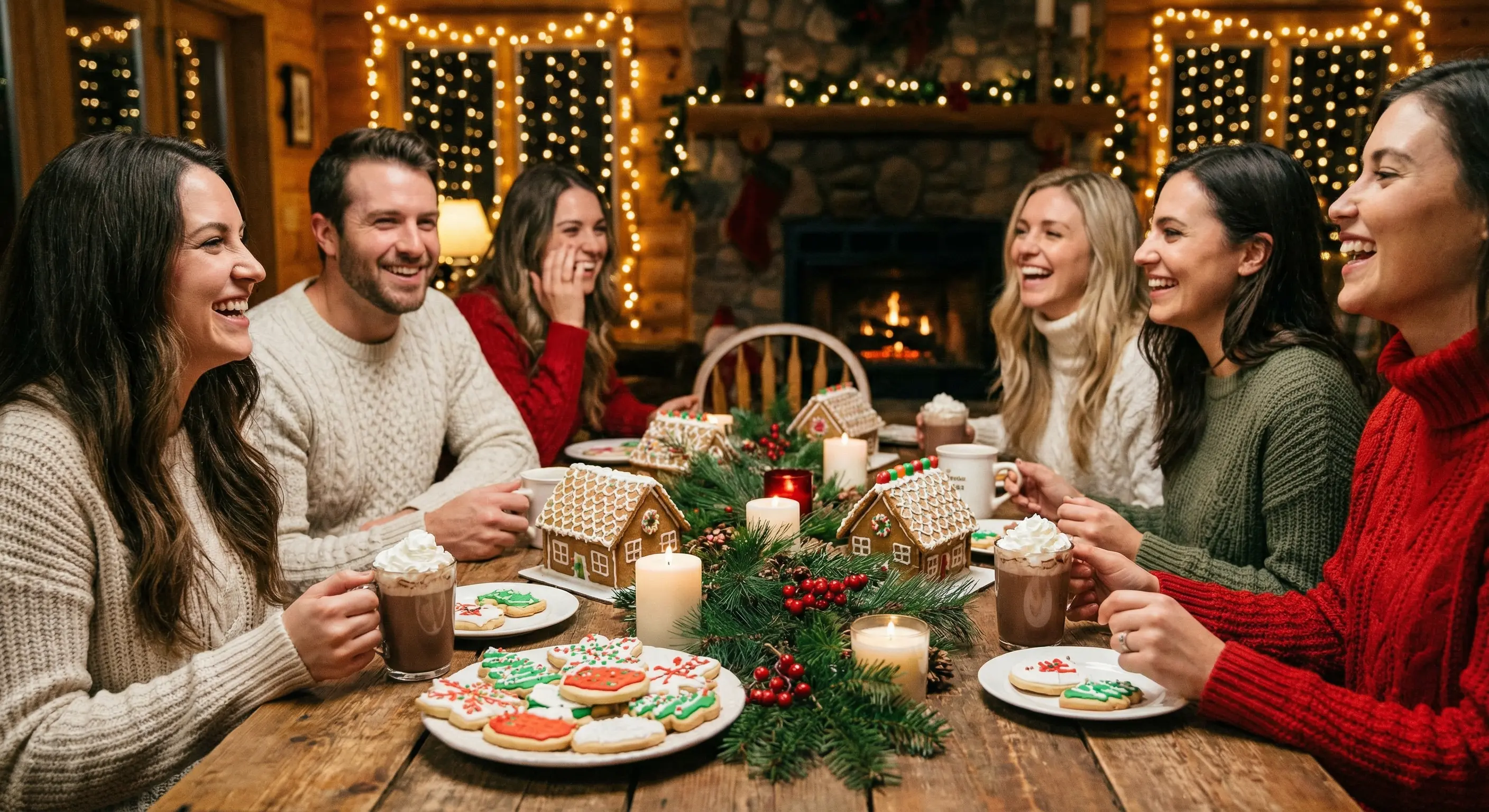 A cozy party scene with friends gathered around a table covered in holiday cookies, hot chocolate mugs, and festive decorations with twinkling lights in the background
