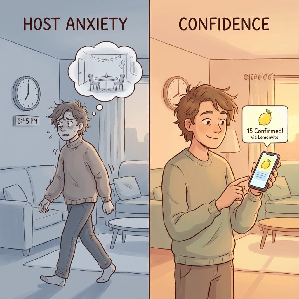 A split scene illustration. On the left, a 'Host Anxiety' scene showing a person pacing in a living room, checking a clock, with a thought bubble of an empty room. On the right, a 'Confidence' scene showing the same person smiling, looking at a phone with a '15 Confirmed' notification from Lemonvite. Warm, reassuring colors.