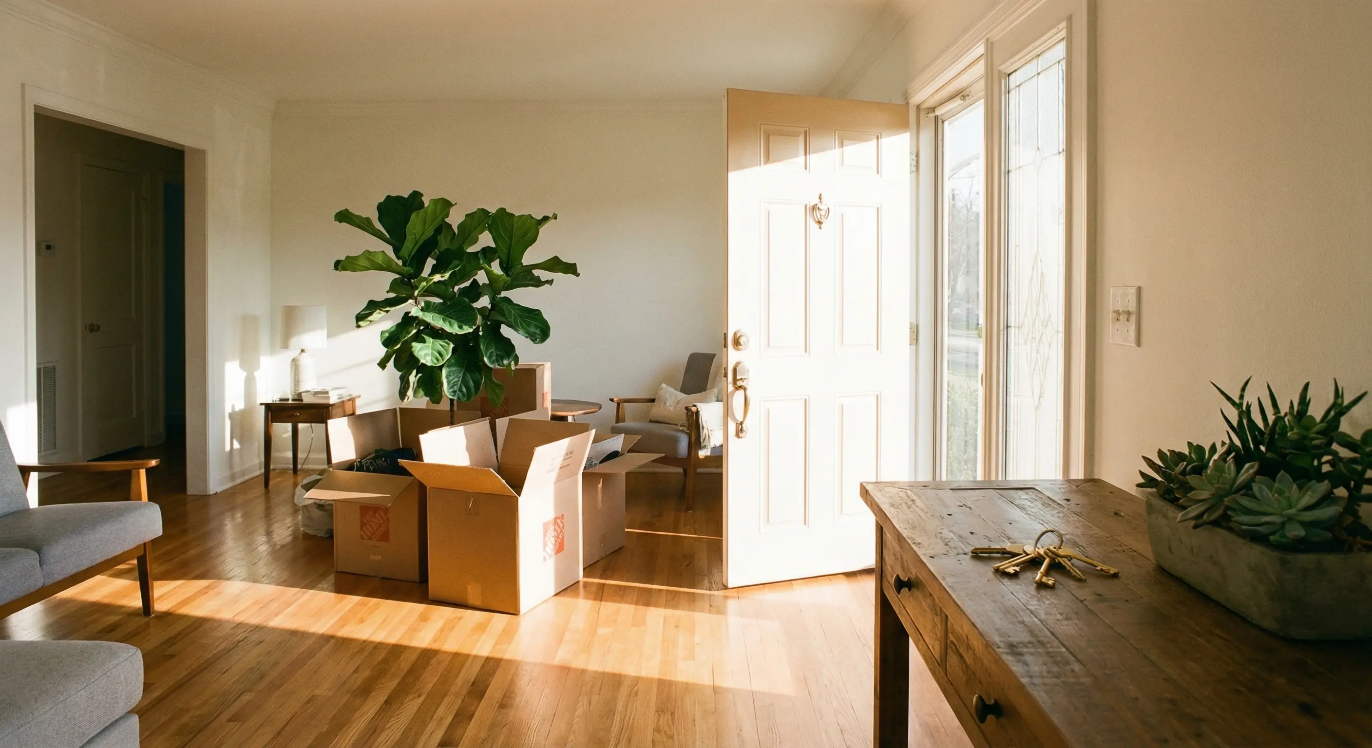 A warm living room scene with golden sunlight streaming through an open front door, moving boxes in the corner with a potted plant, house keys on a rustic console table