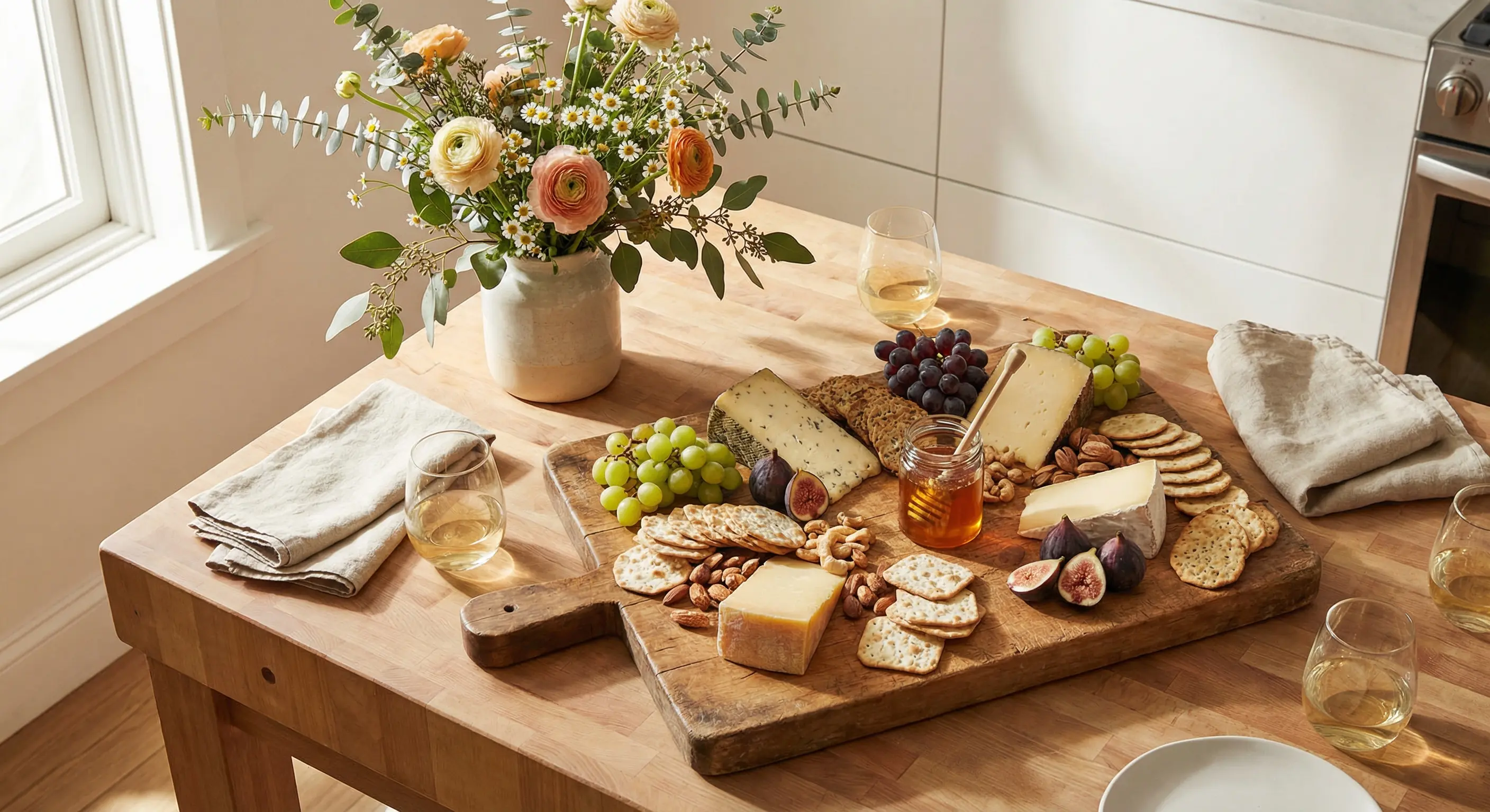 An overhead view of a kitchen counter set up for a casual party with a cheese board, wildflowers in a vase, linen napkins, wine glasses, and warm natural light