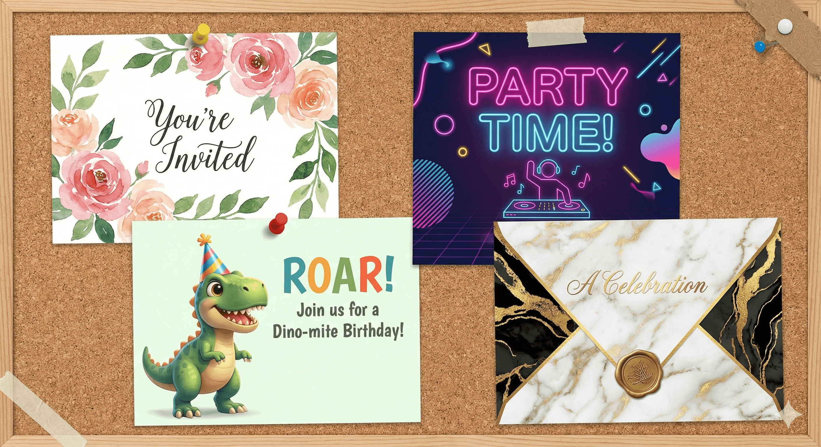 A collage showing four different invitation styles: a watercolor floral design, a neon party theme, a cute Pixar-style dinosaur, and an elegant gold marble pattern