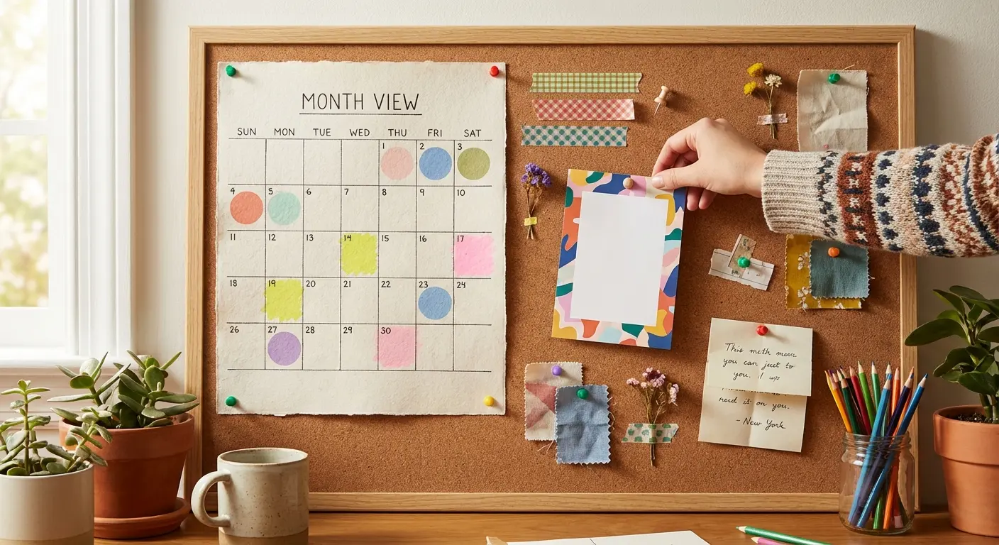 A calendar with a party invitation pinned to it, showing the ideal timeline for sending invites