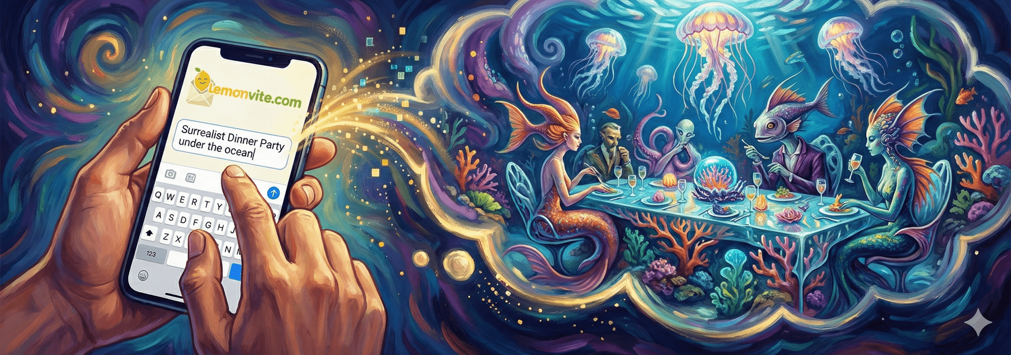A user on a smartphone typing "Surrealist Dinner Party under the ocean" into the Lemonvite app. Above the phone, a thought bubble manifests as a beautiful, swirling underwater dinner scene art style, showing the power of the Design Engine.