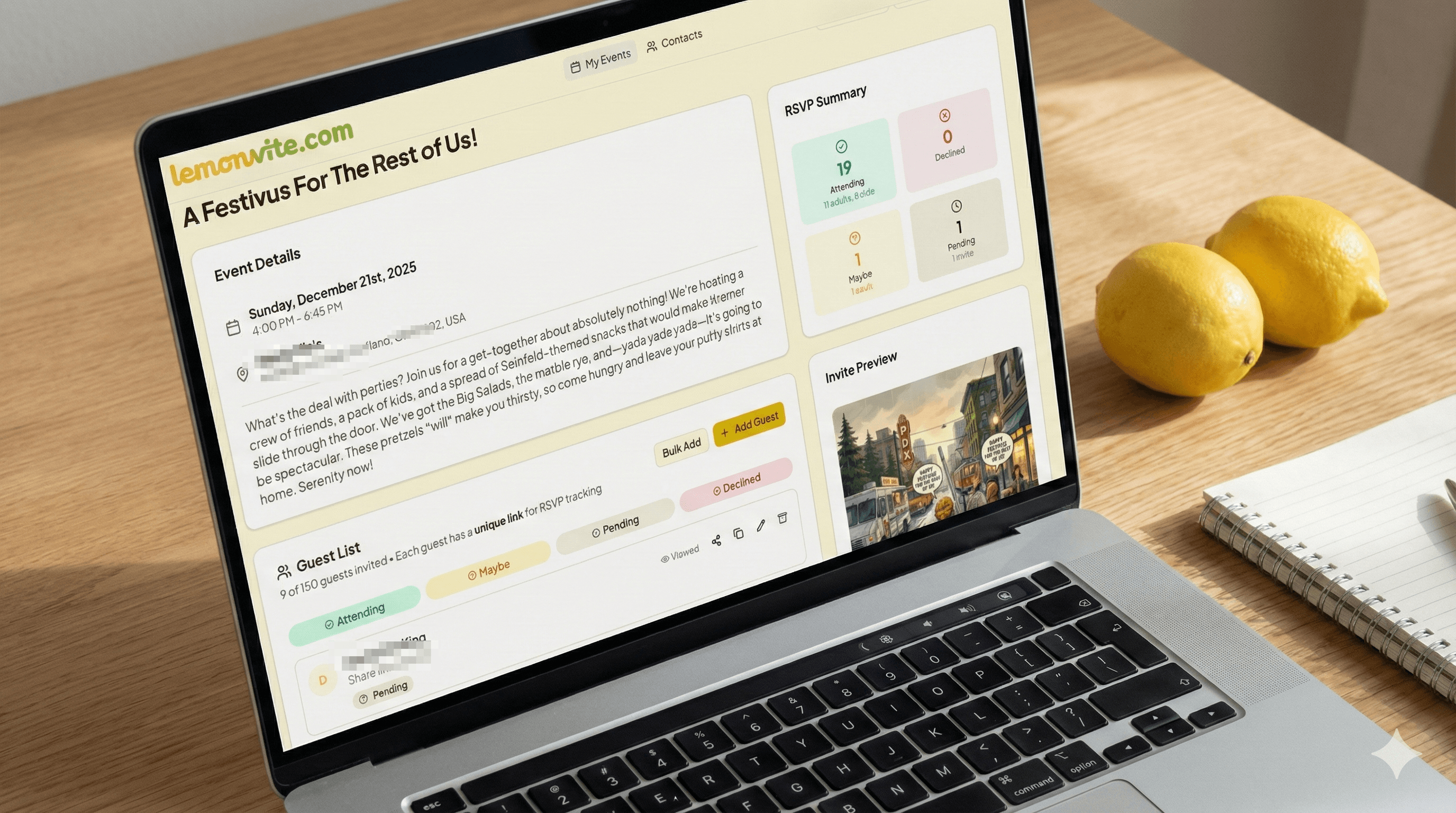A close-up isometric view of a digital dashboard on a tablet or laptop screen. The screen shows a well-organized event guest list with colorful status chips (Going, Maybe, Declined) and a pie chart summary. Clean, modern UI with a 'Lemonvite' brand feel