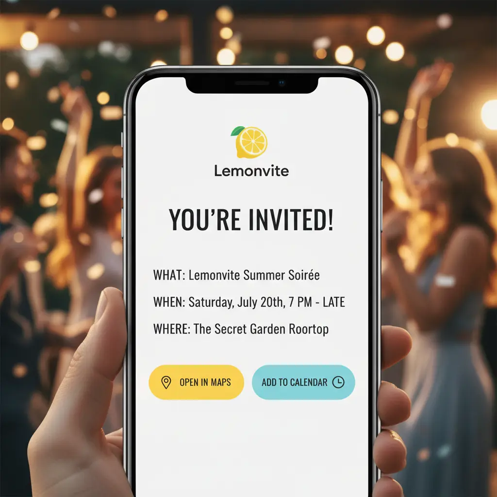 Close-up of Open in Maps and Add to Calendar buttons on a Lemonvite invitation