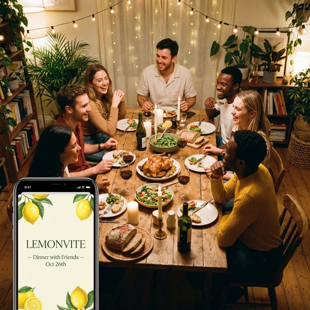 A warm, cinematic shot of a cozy dinner party with friends laughing over candlelight.