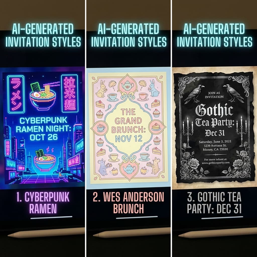Three unique custom invitation styles: Cyberpunk, Pastel Symmetry, and Gothic.