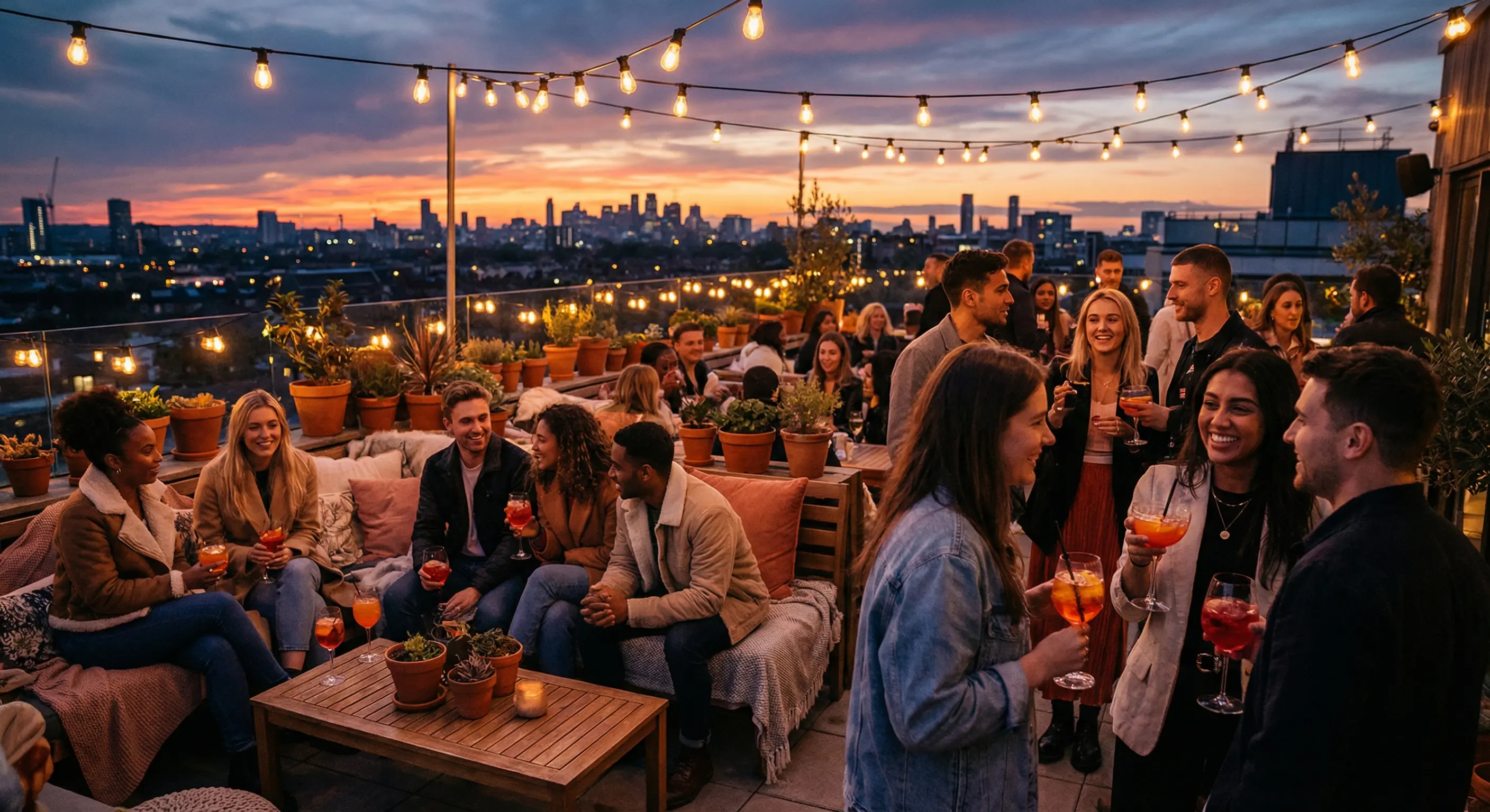 A vibrant rooftop gathering with string lights, young adults mingling and laughing, drinks in hand, city skyline at dusk