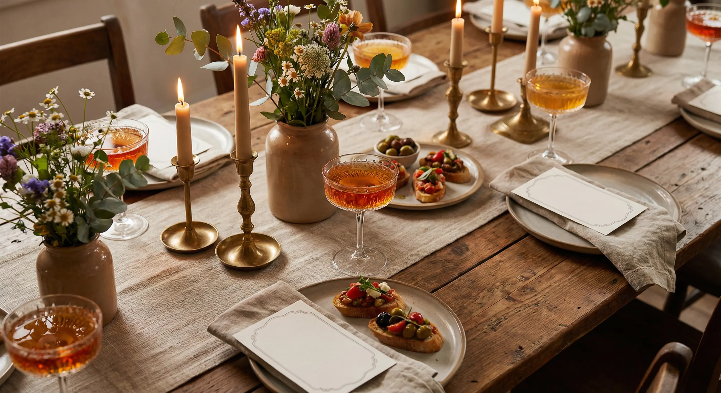 A carefully styled table setting for a themed dinner party with handwritten place cards, candles, and colorful cocktails
