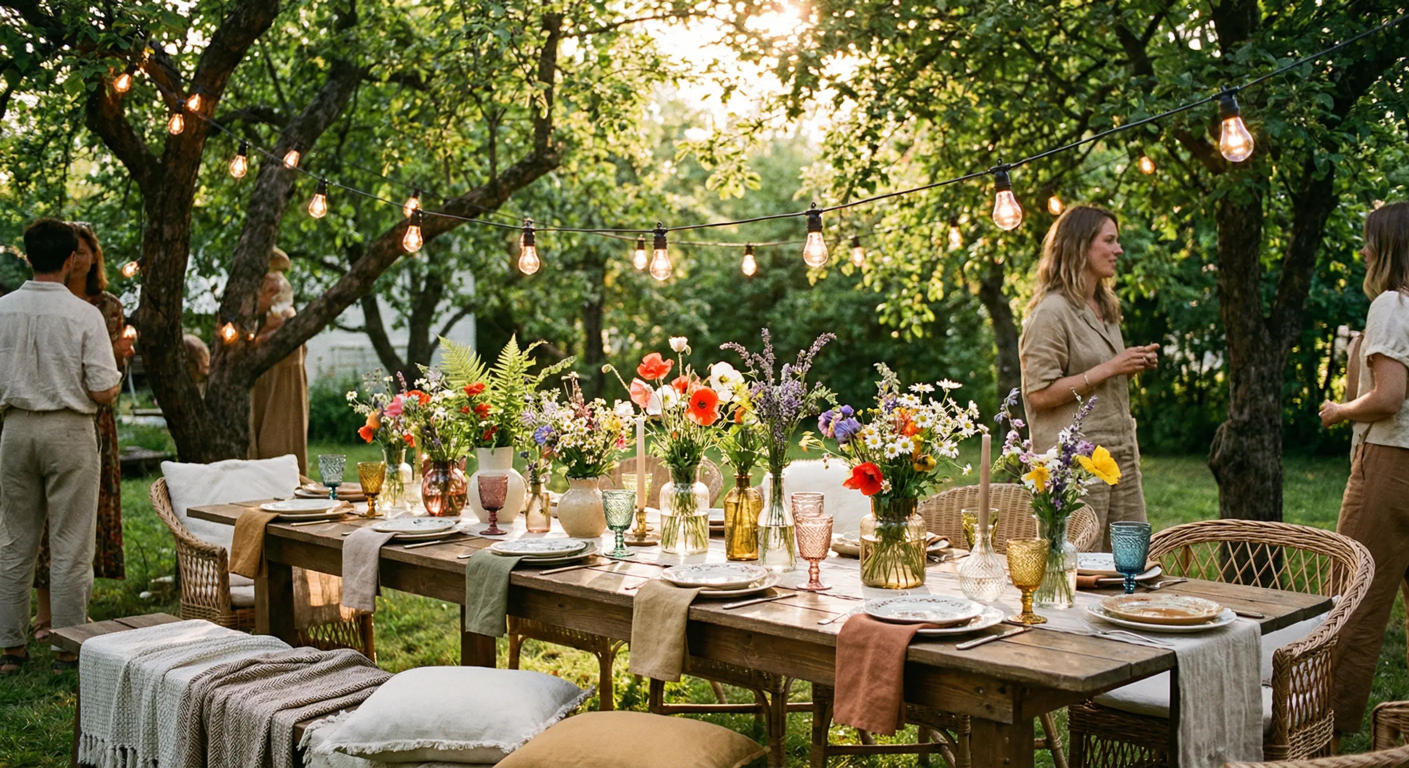 A beautifully decorated backyard party setup with string lights, a long wooden table, colorful wildflowers, and golden hour sunlight filtering through the trees